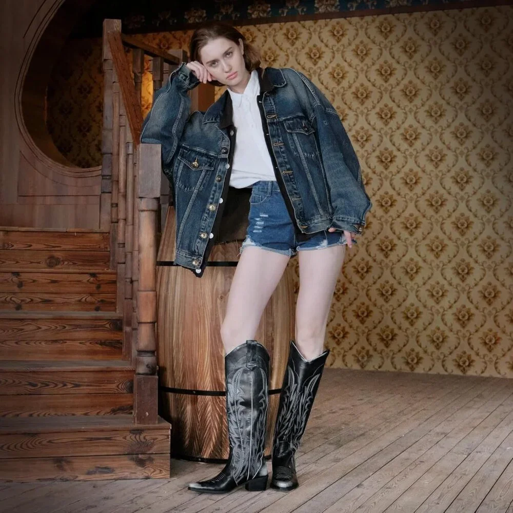 Women Silver Faux Leather Knee High Cowgirl Boots with Pointed Toe Block Heel